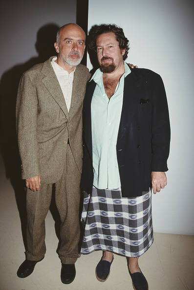 Italian artist Francesco Clemente (left) and American artist and filmmaker Julian Schnabel attending an art gallery party, USA, circa 2004. 