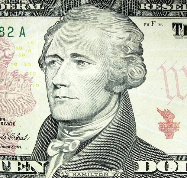 Alexander Hamilton's likeness on the ten dollar bill.