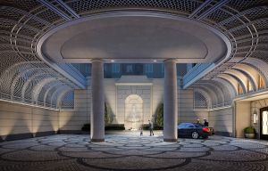 The motor court at the Robert A.M. Stern-designed 20 East End Avenue has a 12-foot hand-carved wall fountain, along with Indiana limestone and stucco.