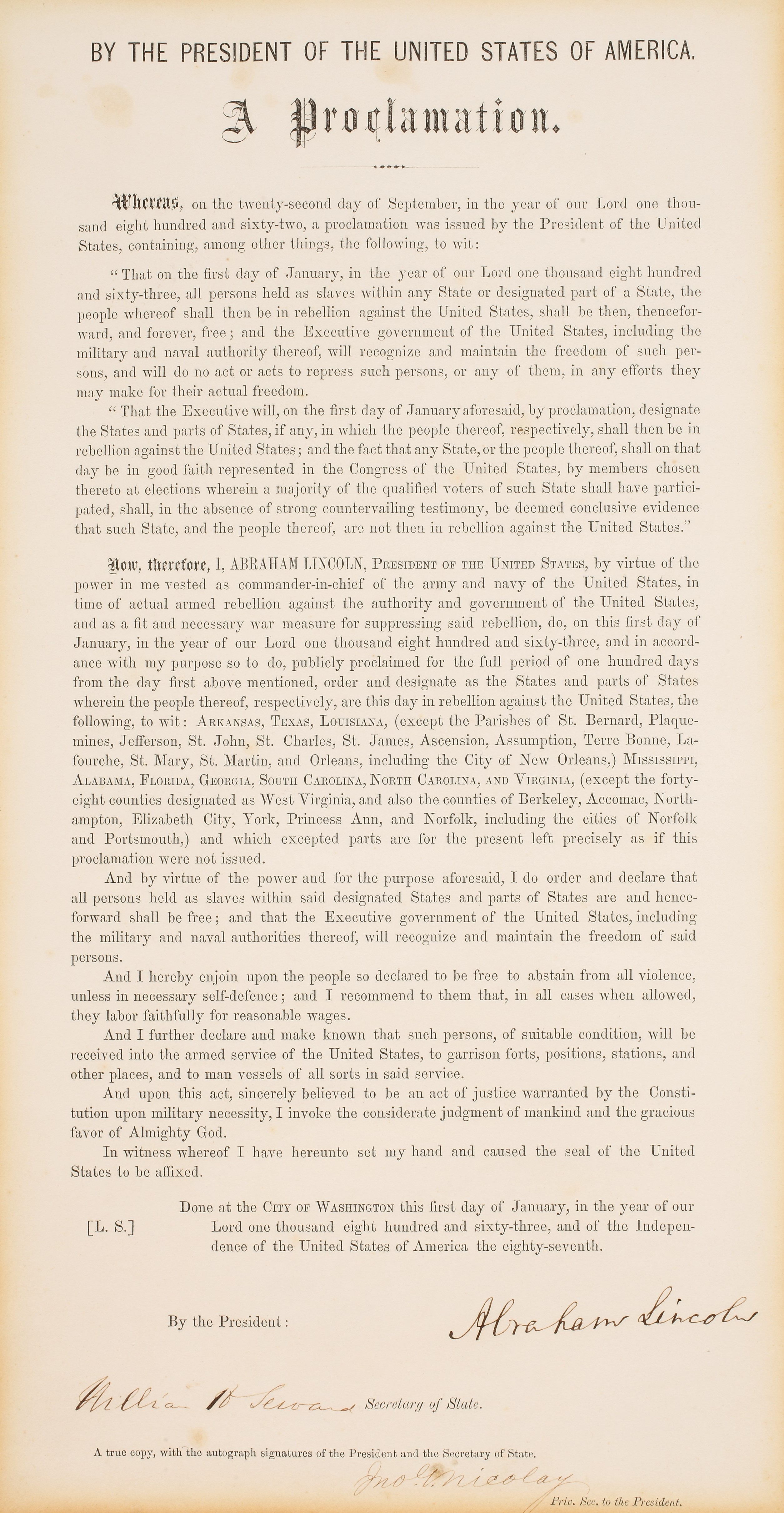 The copy of the Emancipation Proclamation that will be offered for sale.