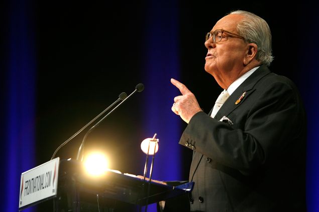 Jean-Marie Le Pen addresses the congressists as French nationalist party Front National elects its new leader on January 15, 2011 in Tours, France. Marine Le Pen, 42, daughter of outgoing leader Jean-Marie Le Pen, is expected to be elected to lead the party with a 67% majority, beating 60-year-old Bruno Gollnisch.