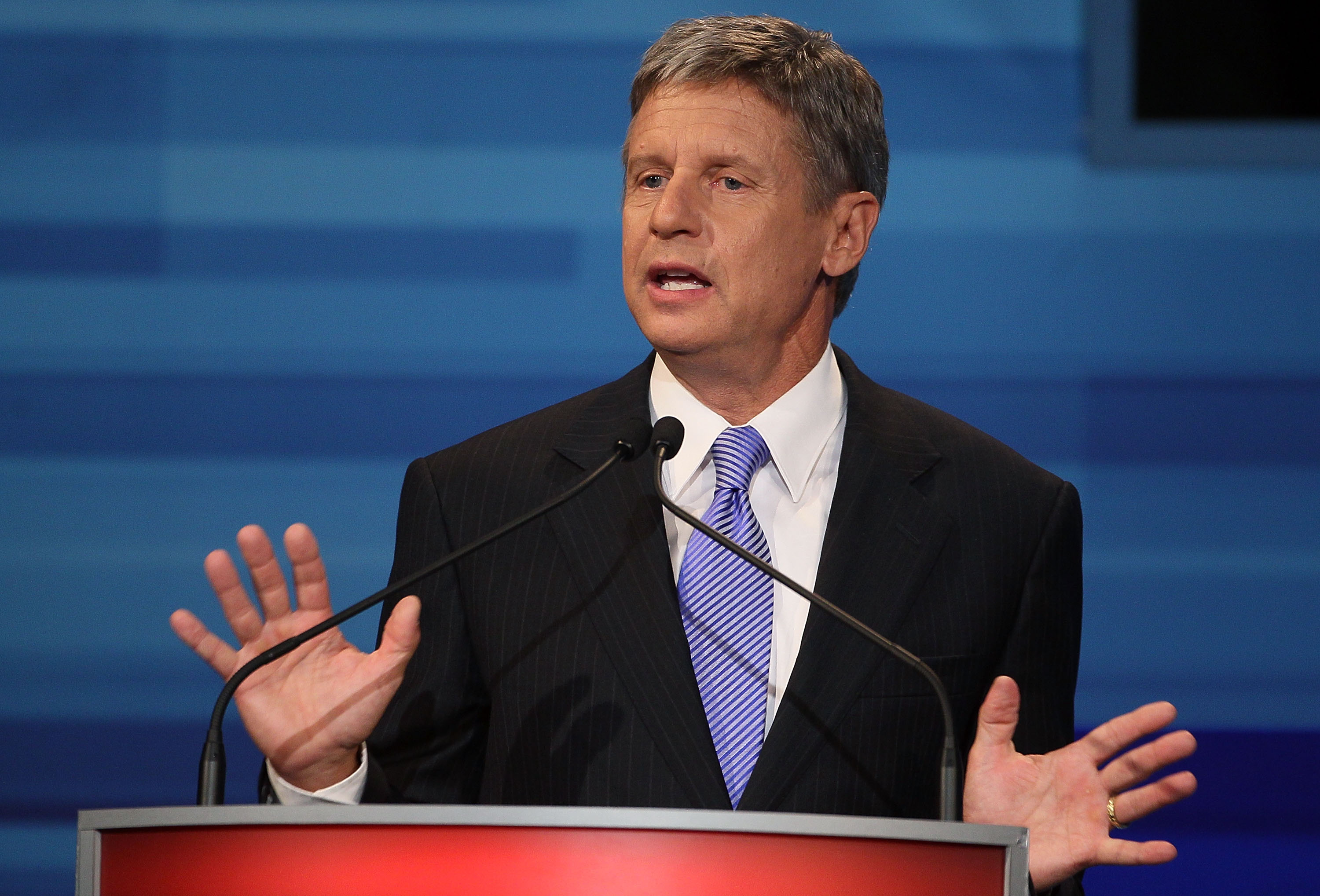 Former New Mexico Gov. Gary Johnson speaks in the Fox News/Google GOP Debate at the Orange County Convention Center on September 22, 2011 in Orlando, Florida. The debate featured the nine Republican candidates two days before the Florida straw poll. 