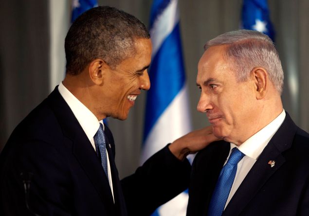 U.S. President Barack Obama (L) greets Israeli Prime Minister Benjamin Netanyahu during a press conference on March 20, 2013 in Jerusalem, Israel.