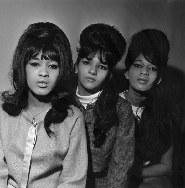 The Ronettes (left to right) singers Ronnie Spector, Nedra Talley and Estelle Bennett, an American pop trio produced by Phil Spector.