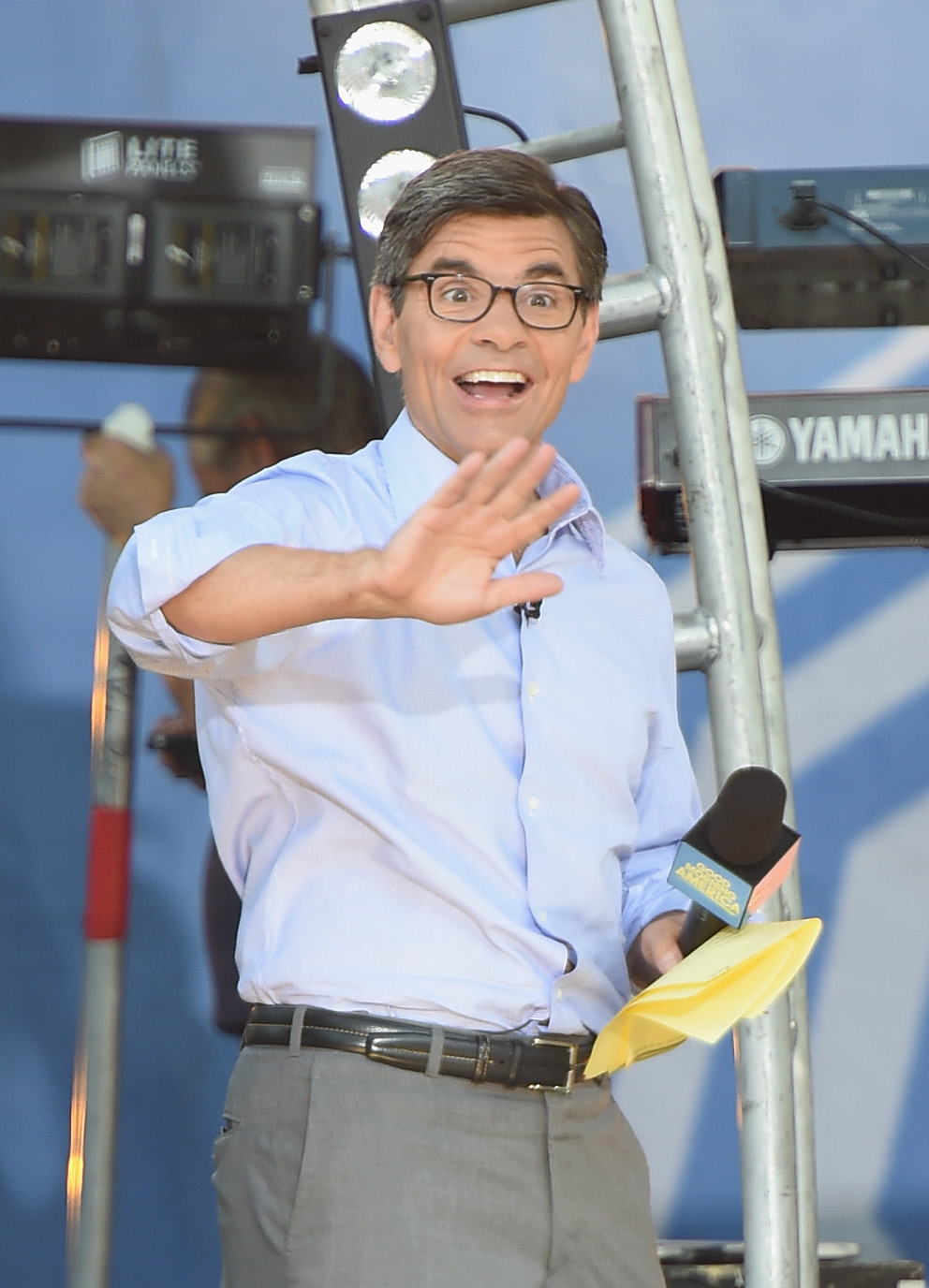 NEW YORK, NY - AUGUST 01:  George Stephanopoulos waves to the crowd on ABC's "Good Morning America" at Rumsey Playfield, Central Park on August 1, 2014 in New York City.  
