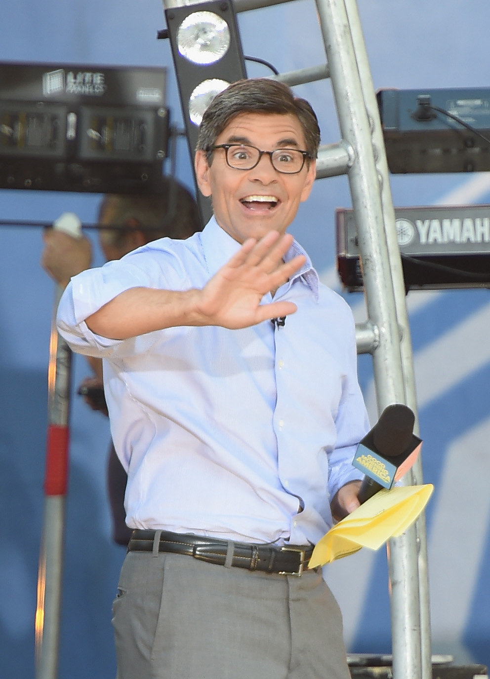 NEW YORK, NY - AUGUST 01: George Stephanopoulos waves to the crowd on ABC's "Good Morning America" at Rumsey Playfield, Central Park on August 1, 2014 in New York City.
