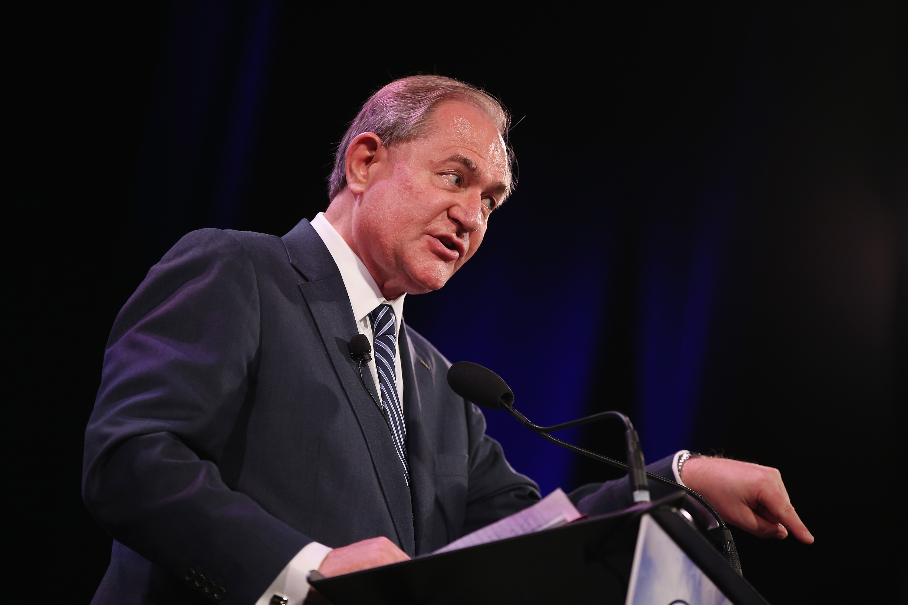 DES MOINES, IA - JANUARY 24: Former Virginia Gov. Jim Gilmore speaks to guests at the Iowa Freedom Summit on January 24, 2015 in Des Moines, Iowa. The summit is hosting a group of potential 2016 Republican presidential candidates to discuss core conservative principles ahead of the January 2016 Iowa Caucuses.