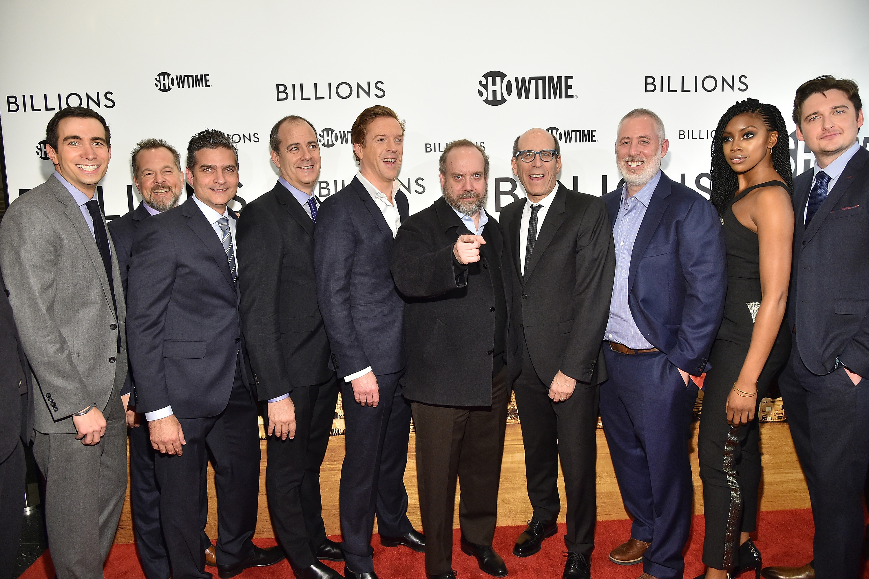 (L-R) Andrew Ross Sorkin, David Costabile, David Levien, David Nevins, Damian Lewis, Paul Giamatti, Matthew C. Blank, Brian Koppelman, Condola Rashad, and Toby Leonard Moore attend the Showtime series premiere of "Billions".