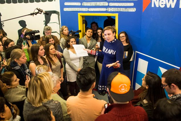 MANCHESTER, NH - JANUARY 08: Screenwriter and actress Lena Dunham speaks to a crowd at a Hillary Clinton campaign office in January 2016.