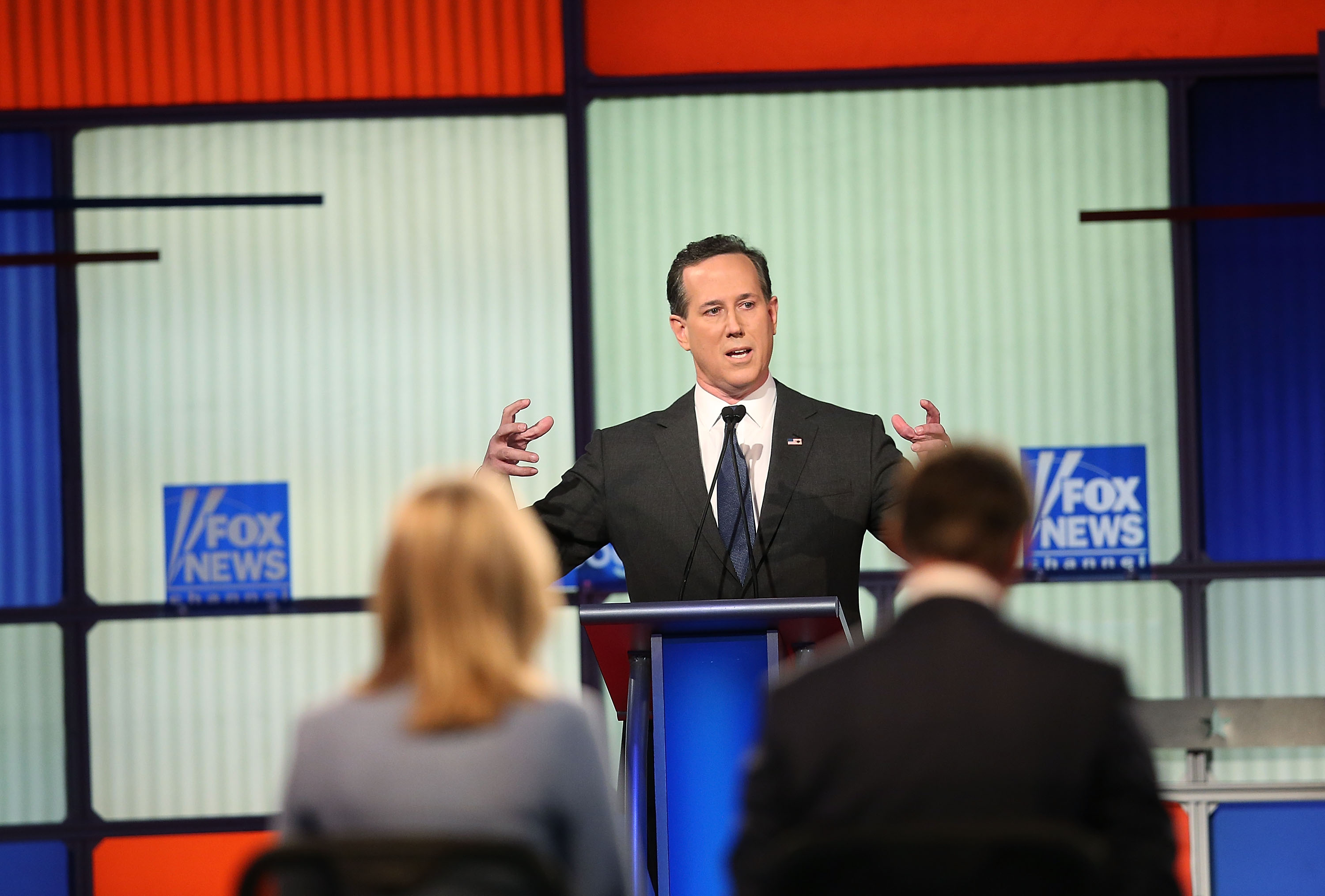Rick Santorum participates in the Fox News - Google GOP Debate January 28, 2016 at the Iowa Events Center in Des Moines, Iowa. Residents of Iowa will vote for the Republican nominee at the caucuses on February 1.