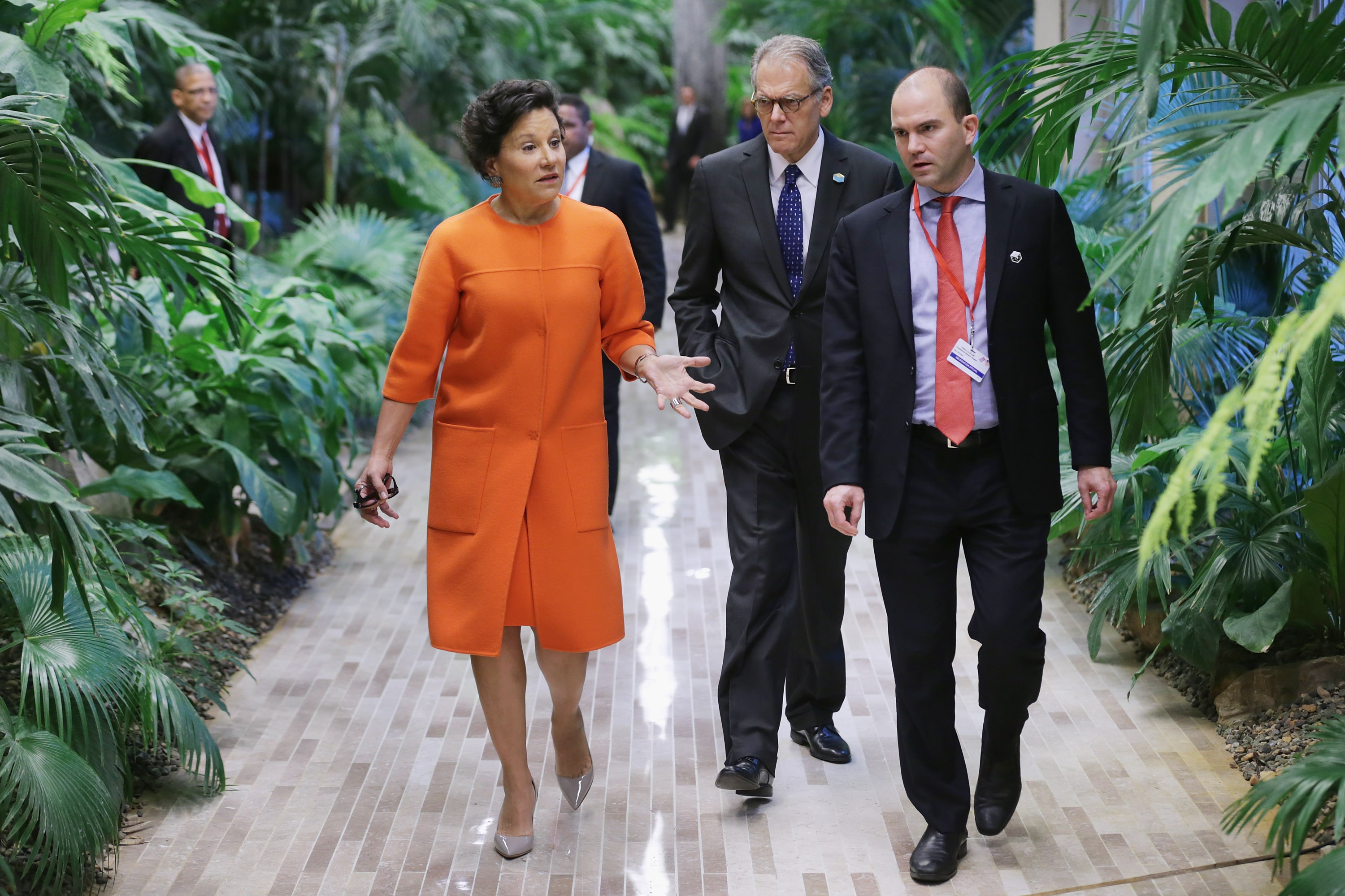 (L-R) U.S. Commerce Secretary Penny Pritzker, U.S. Chief of Mission to the U.S. Embassy in Cuba Jeffrey DeLaurentis and White House Deputy National Security Advisor Ben Rhodes arrive for talks at the Palace of the Revolution March 21, 2016 in Havana, Cuba. The first sitting U.S. president to visit Cuba in 88 years, Barack Obama and Castro will sit down for bilateral talks and will deliver joint statements to the news media before a state dinner Monday night.