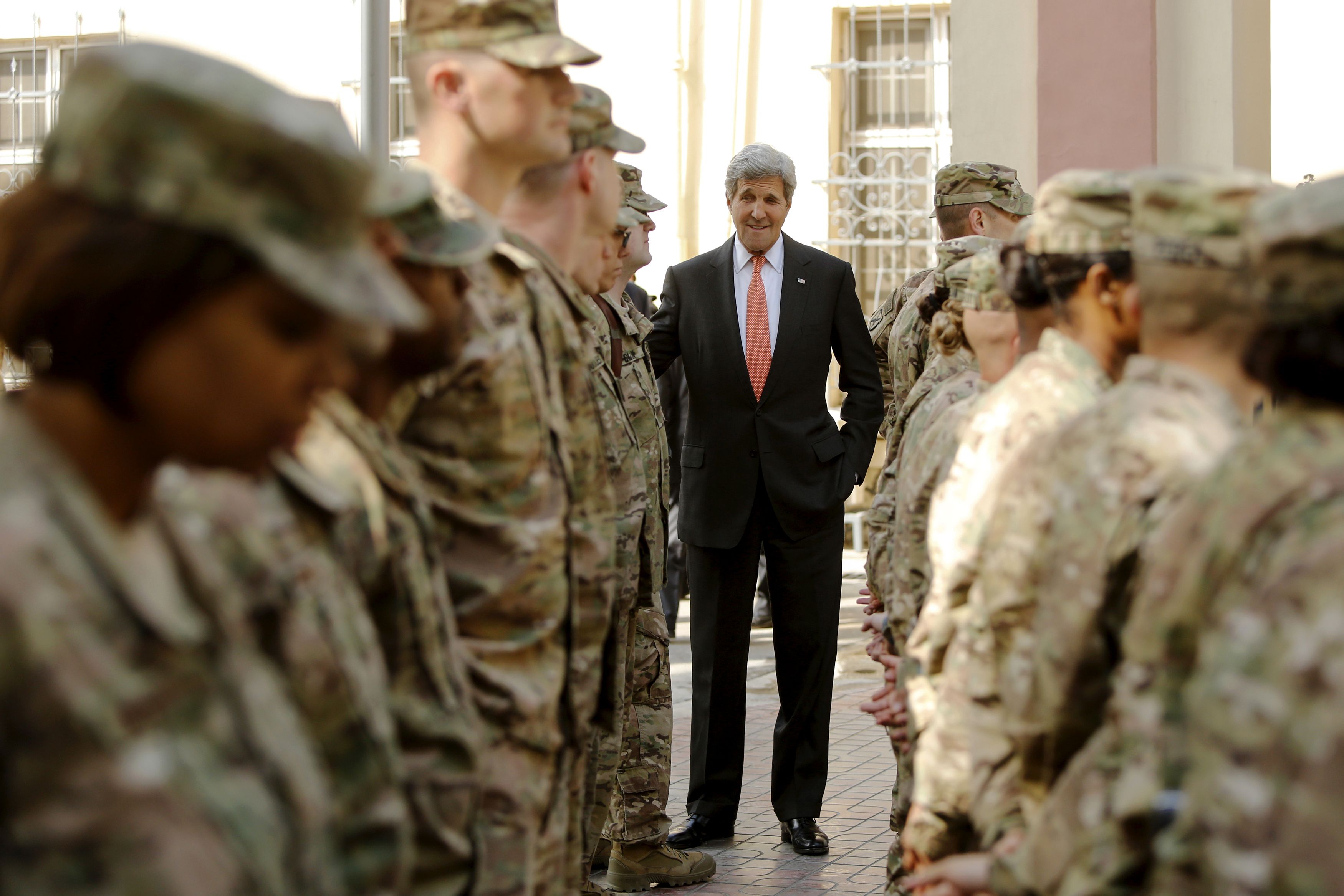 US Secretary of State John Kerry meets with US military personnel at Resolute Support Headquarters in Kabul on April 9, 2016.