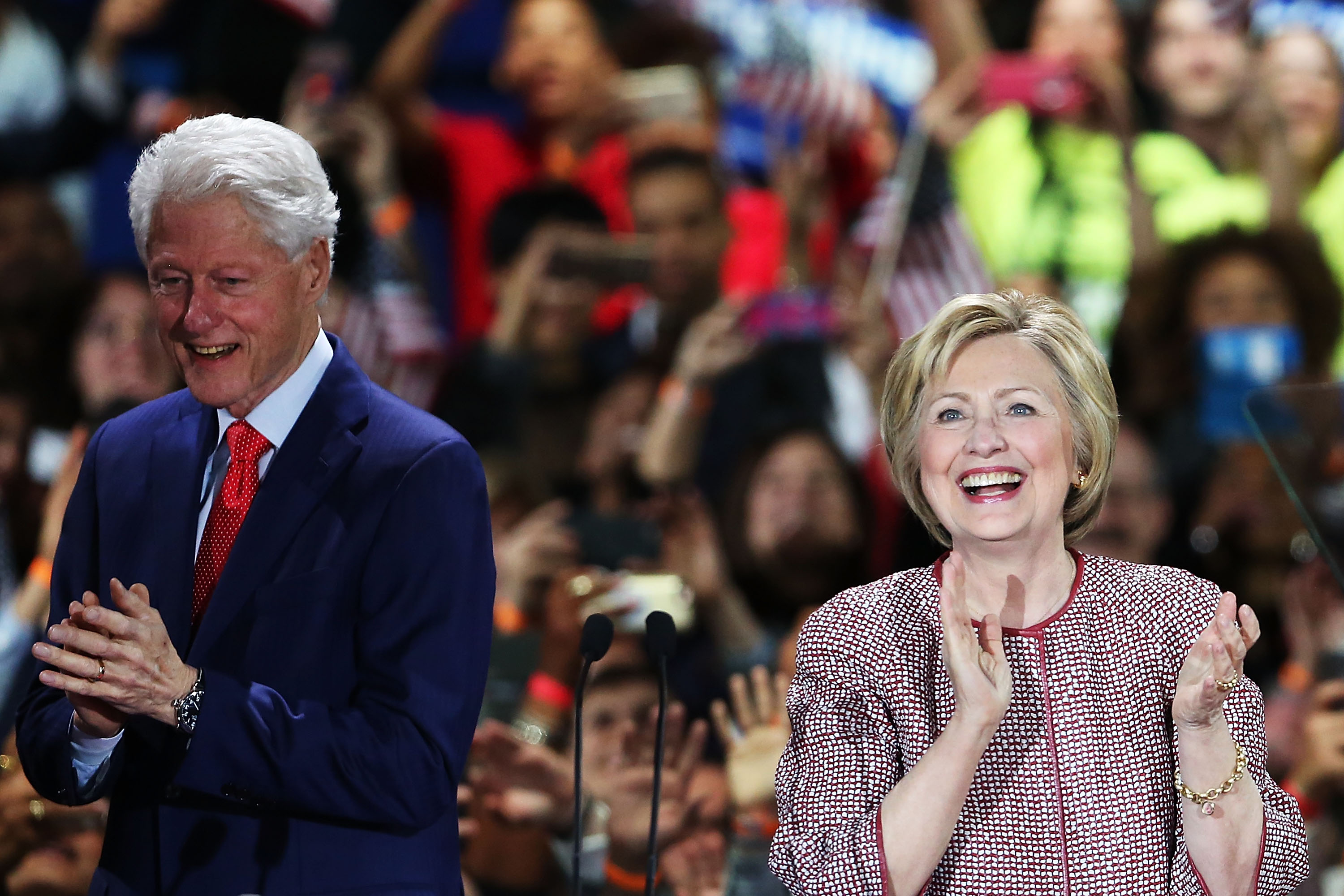 Democratic presidential candidate Hillary Clinton walks on stage with her husband Bill Clinton after winning the highly contested New York primary on April 19, 2016 in New York City. Clinton, who had enjoyed a large lead over her rival Bernie Sanders only months ago, saw that lead shrink as the Sanders campaign made inroads with younger and more liberal voters.