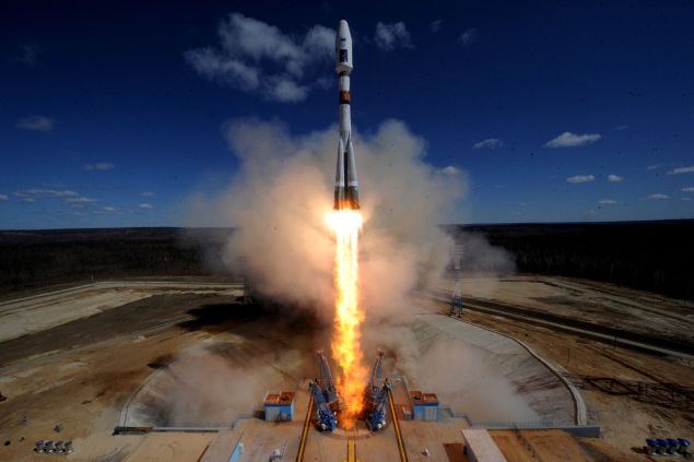 A Russian Soyuz 2.1a rocket carrying Lomonosov, Aist-2D and SamSat-218 satellites lifts off from the launch pad at the new Vostochny cosmodrome outside the city of Uglegorsk, about 200 kms from the city of Blagoveshchensk in the far eastern Amur region on April 28, 2016.