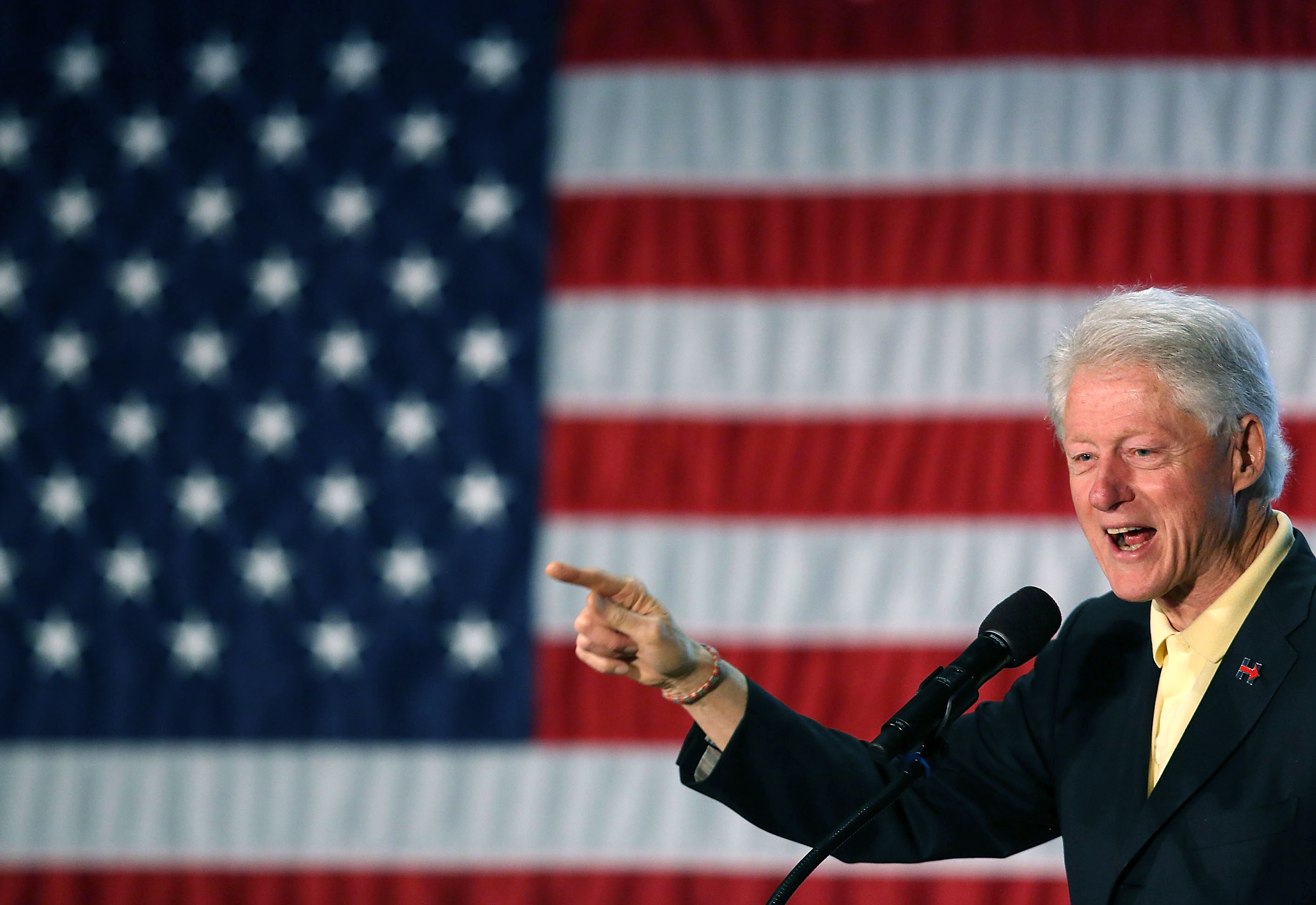 Former President Bill Clinton campaigns for his wife, Democratic presidential candidate Hillary Clinton, as he speaks during the Howard County Democratic party's pre-primary pancake breakfast at the United Auto Workers Local 685 Hall on April 30, 2016 in Kokomo, Indiana. Presidential candidates continue to campaign across the state leading up to Indiana's primary day on Tuesday.