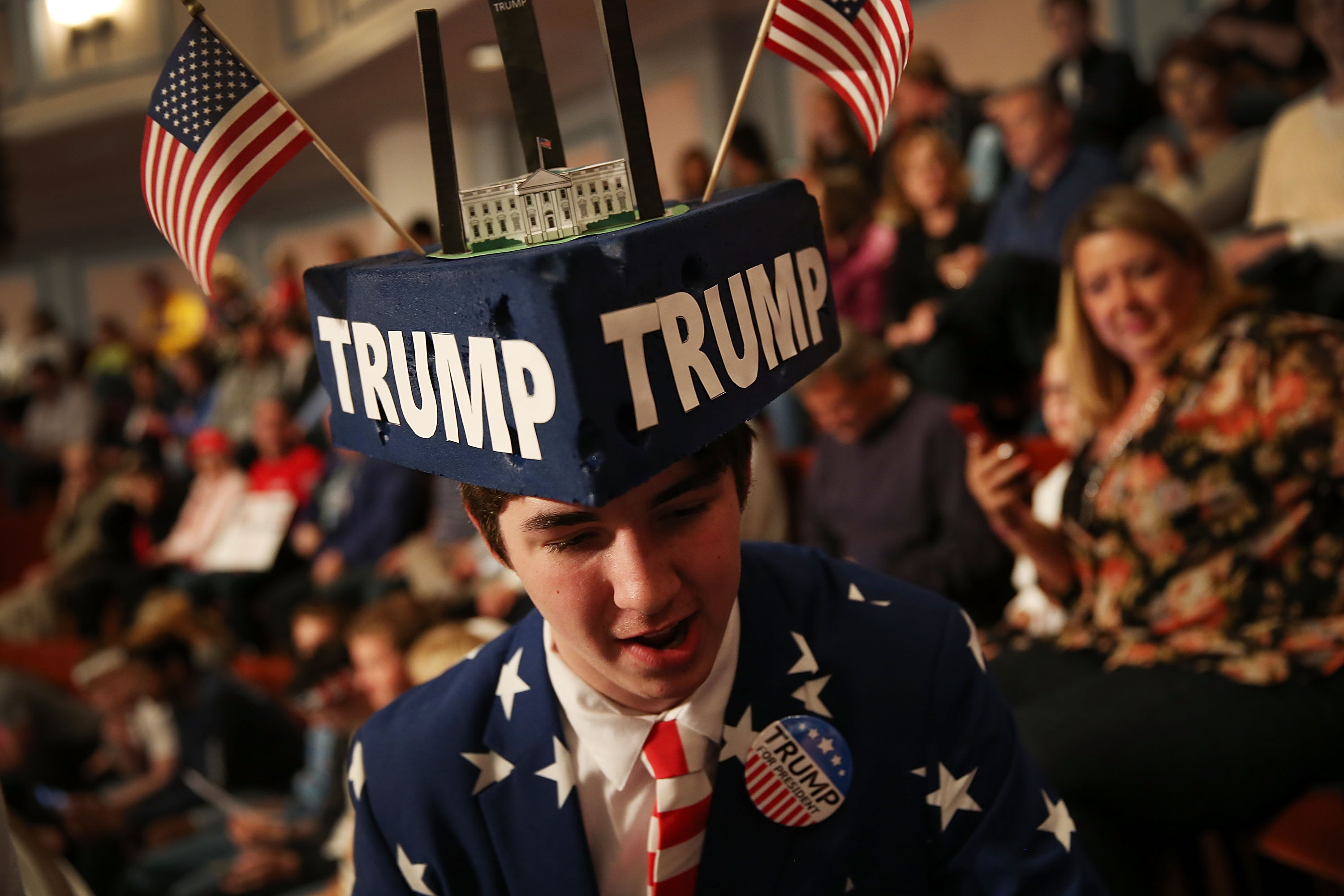 Michael Kuzma shows his support for Republican presidential candidate Donald Trump  during his campaign stop at the Palladium at the Center for the Performing Arts on May 2, 2016 in Carmel, Indiana. Trump continues to campaign leading up to the state of Indiana's primary day on Tuesday.  