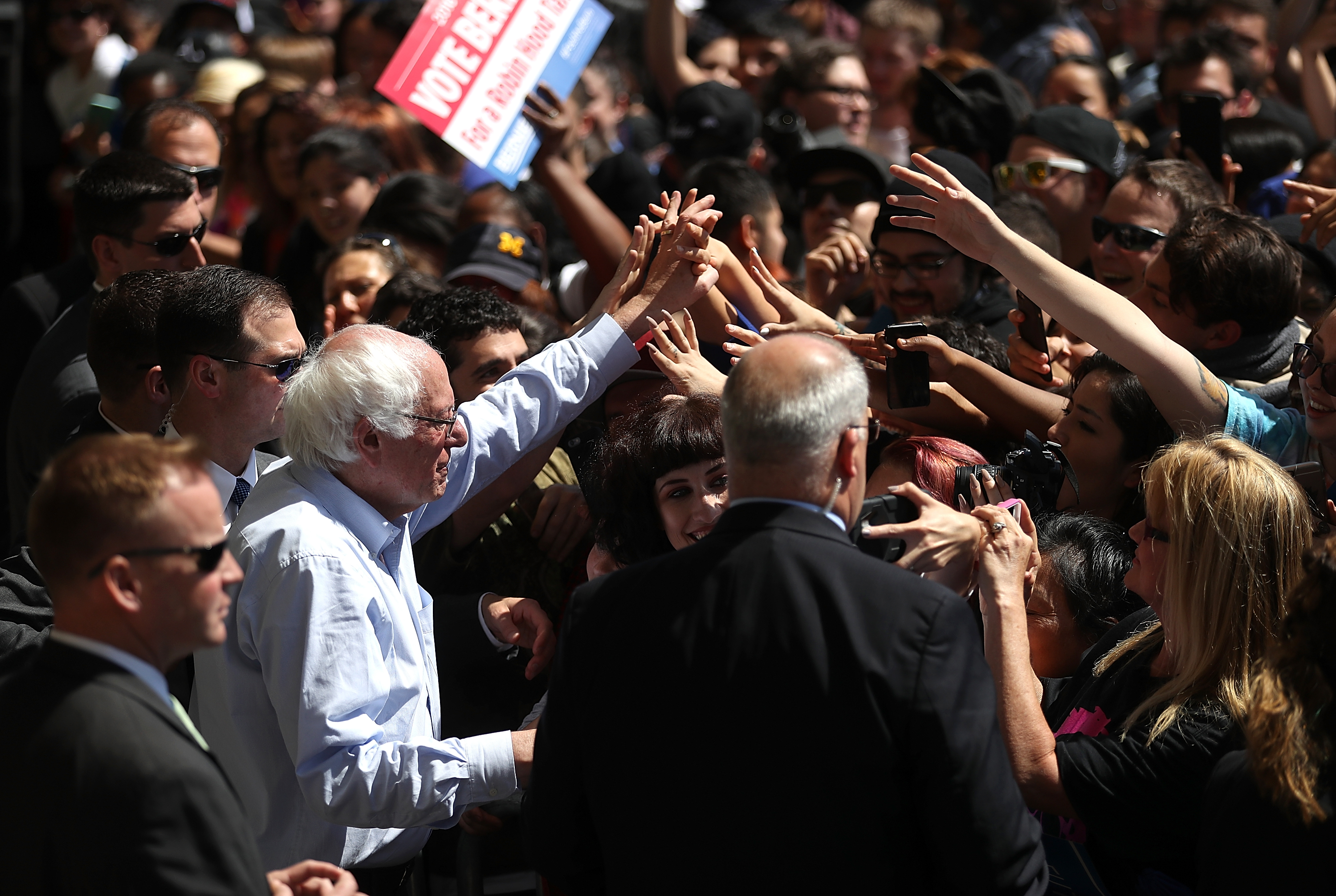 Democratic presidential candidate Sen.Bernie Sanders (D-VT) greets supporters at a campaign rally on May 10, 2016 in Stockton, California. Sanders is campaigning in California ahead of the state's June 7th presidential primary. 