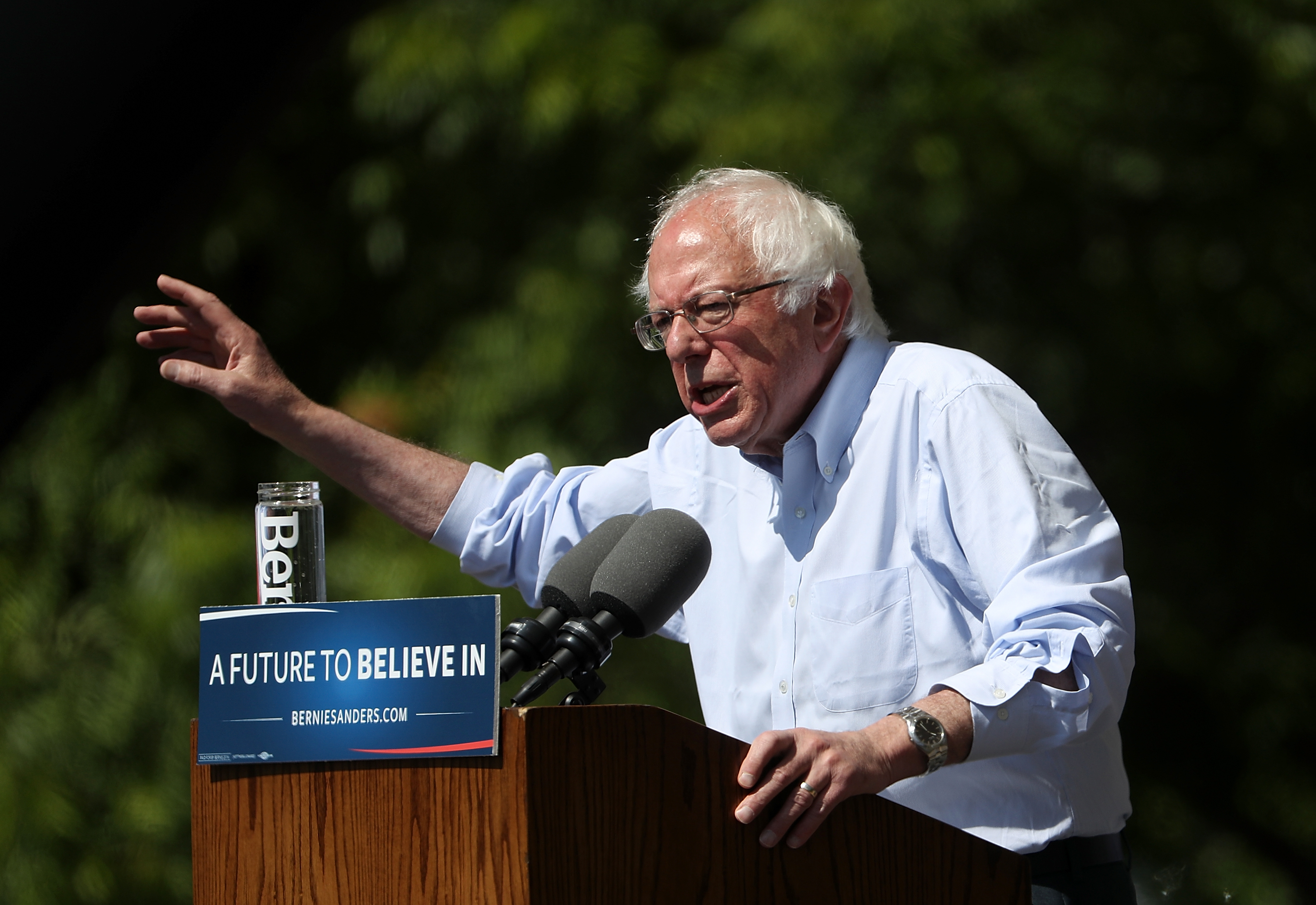 Democratic presidential candidate Sen.Bernie Sanders (D-VT) speaks during a campaign rally on May 10, 2016 in Stockton, California. Sanders is campaigning in California ahead of the state's June 7th presidential primary.