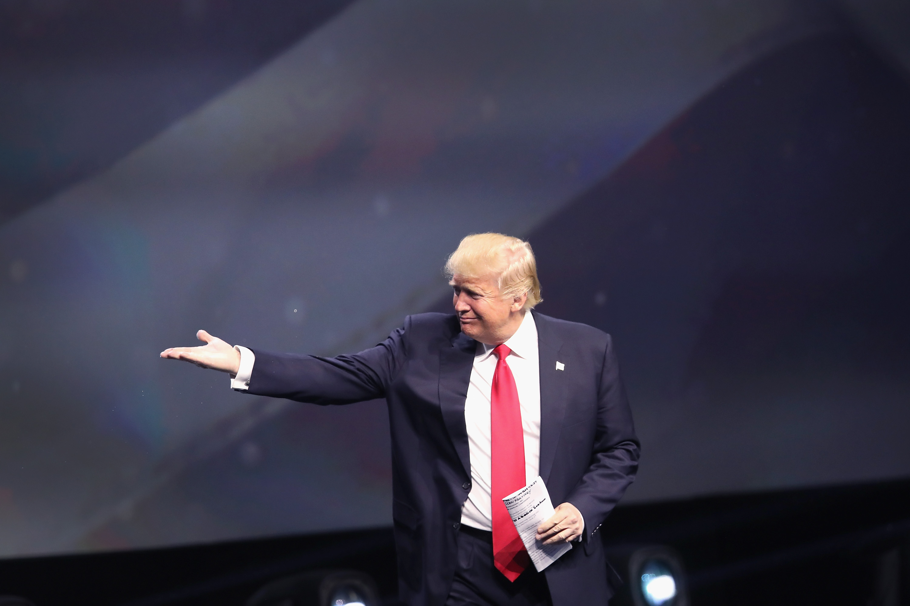 Republican presidential candidate Donald Trump is introduced at the National Rifle Association's NRA-ILA Leadership Forum during the NRA Convention at the Kentucky Exposition Center on May 20, 2016 in Louisville, Kentucky. The NRA endorsed Trump at the convention. The convention runs May 22.