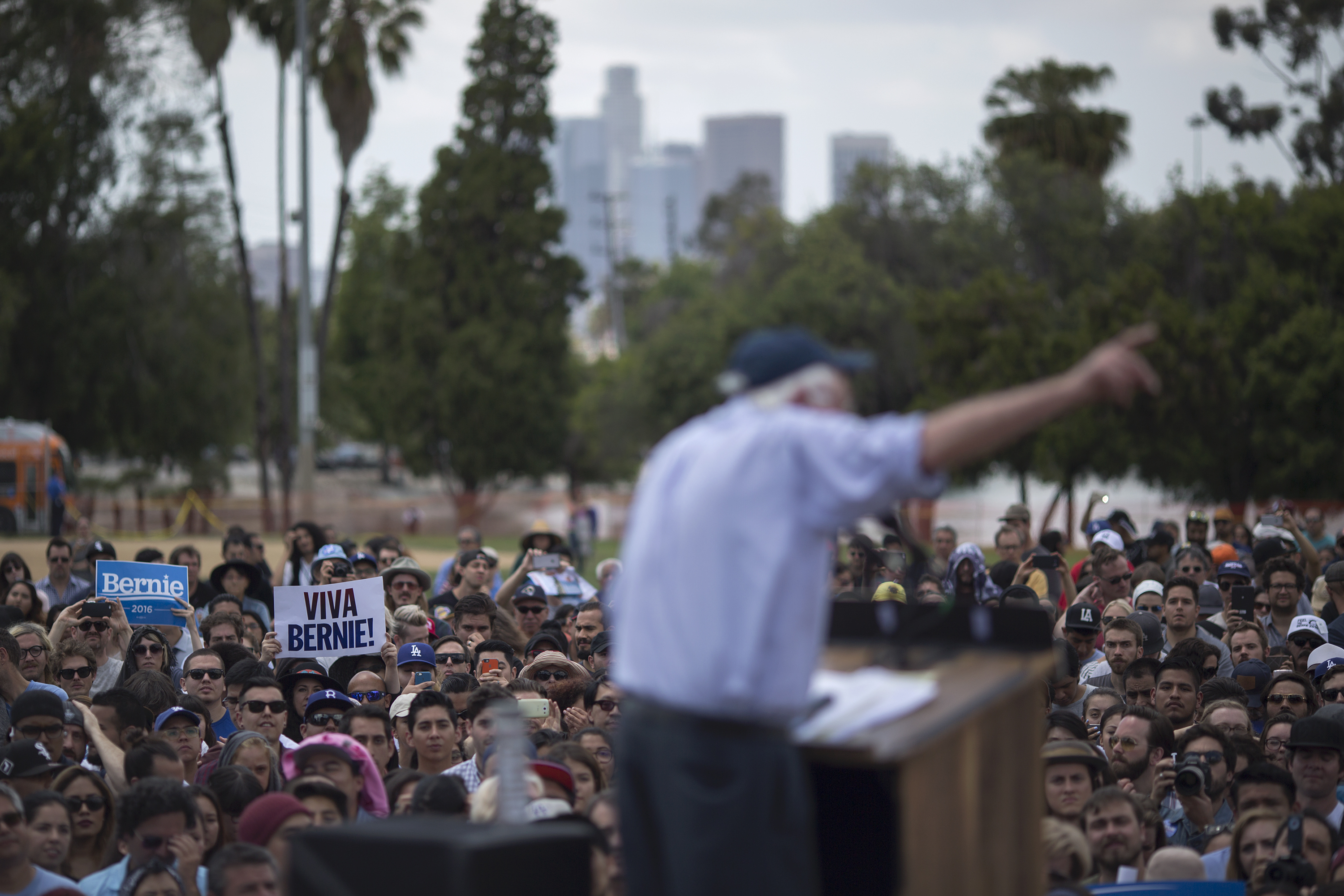 Democratic presidential candidate Sen. Bernie Sanders addresses a heavily-Latino crowd during a campaign rally at Lincoln Park on May 23, 2016 in East Los Angeles, California. Sanders is campaigning ahead of the June 7 California primary.