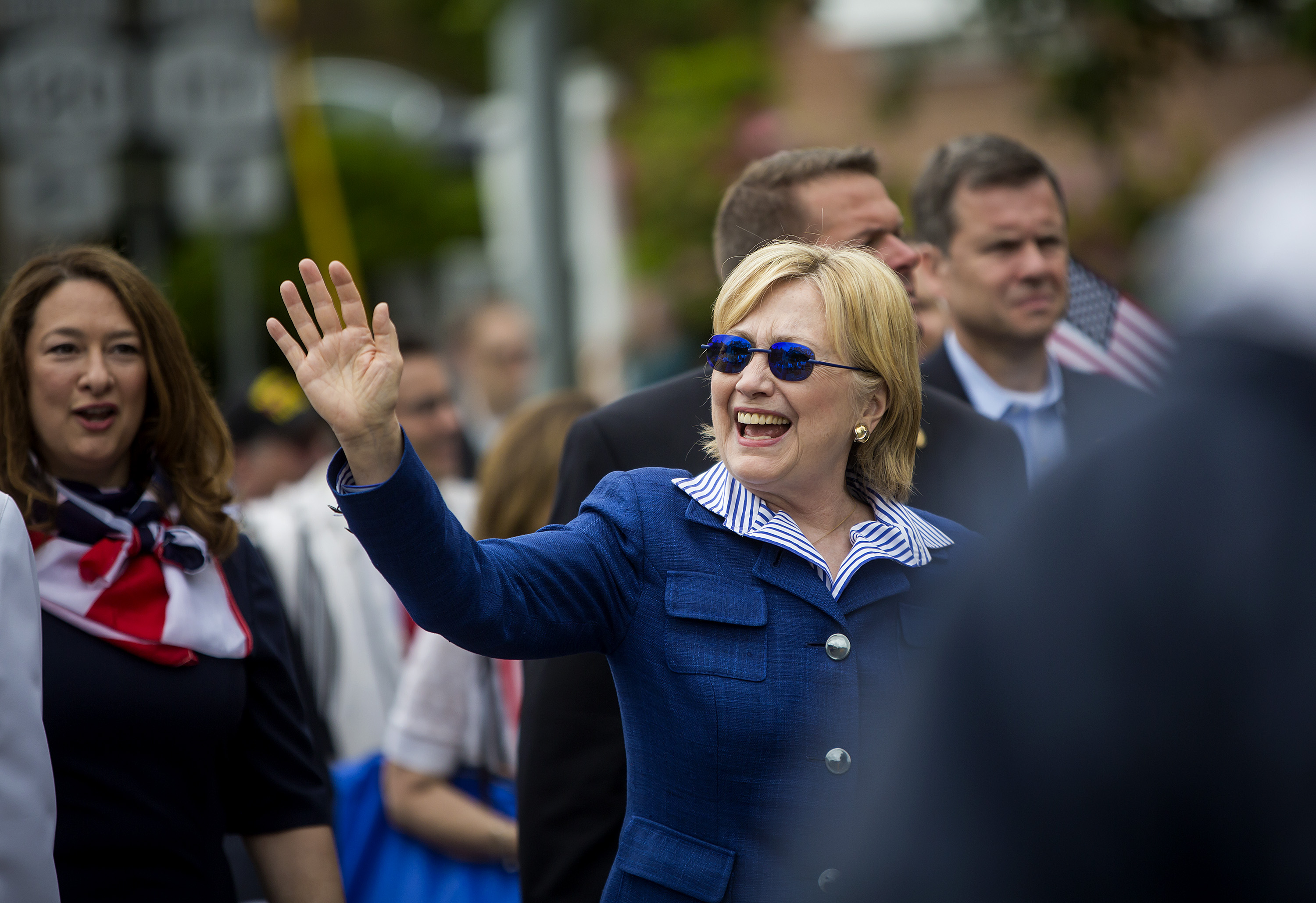 Democratic presidential candidate former Secretary of State Hillary Clinton walks in the Memorial Day parade May 30, 2016 in Chappaqua, New York. 