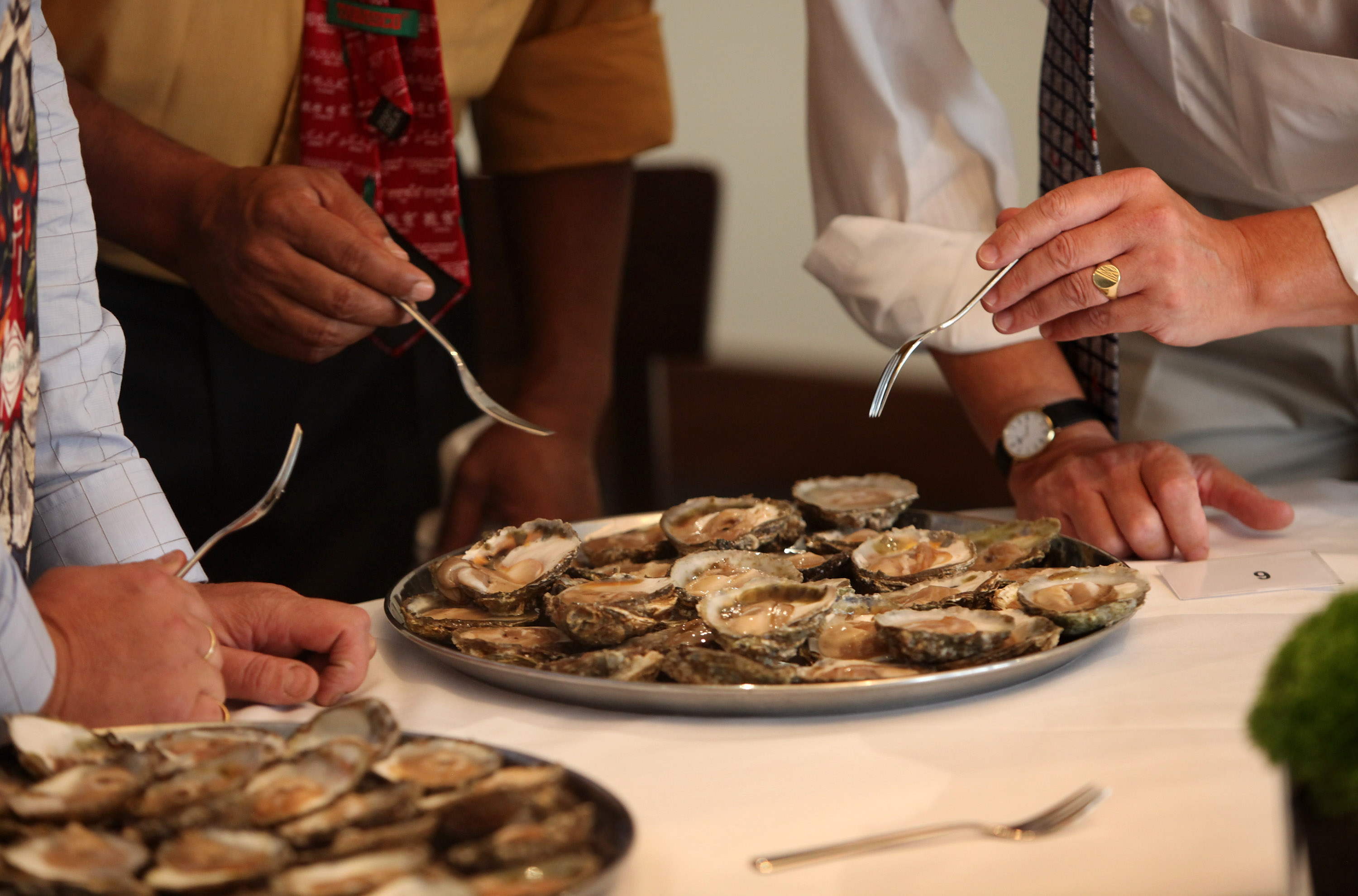 Judges for the annual British Oyster Opening Championship deliberate over a competitor's tray. (Photo by Oli Scarff/Getty Images)