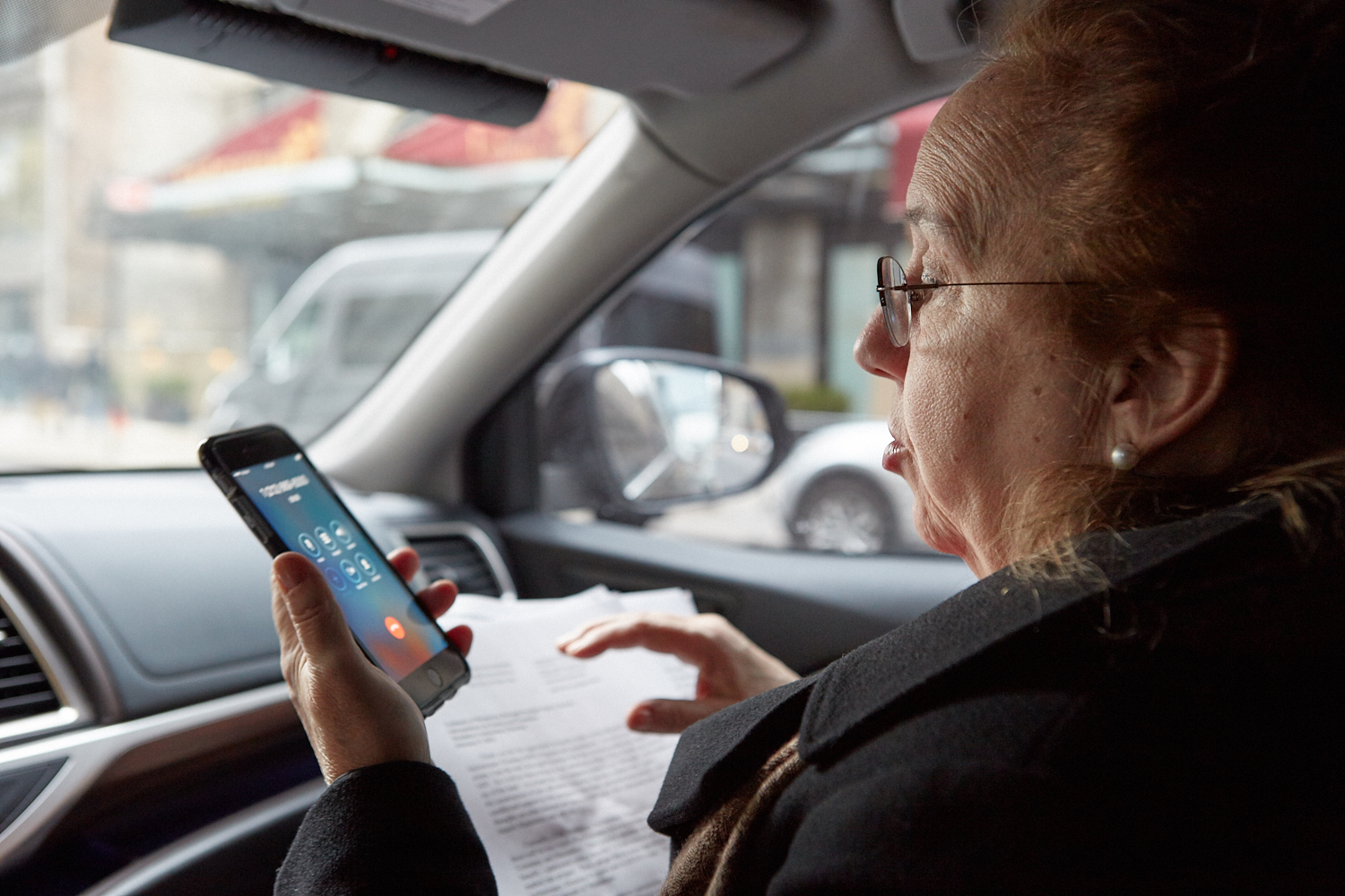 Gale Brewer in her car, on the way to Ruth Messinger's office at the American Jewish World Service in midtown.