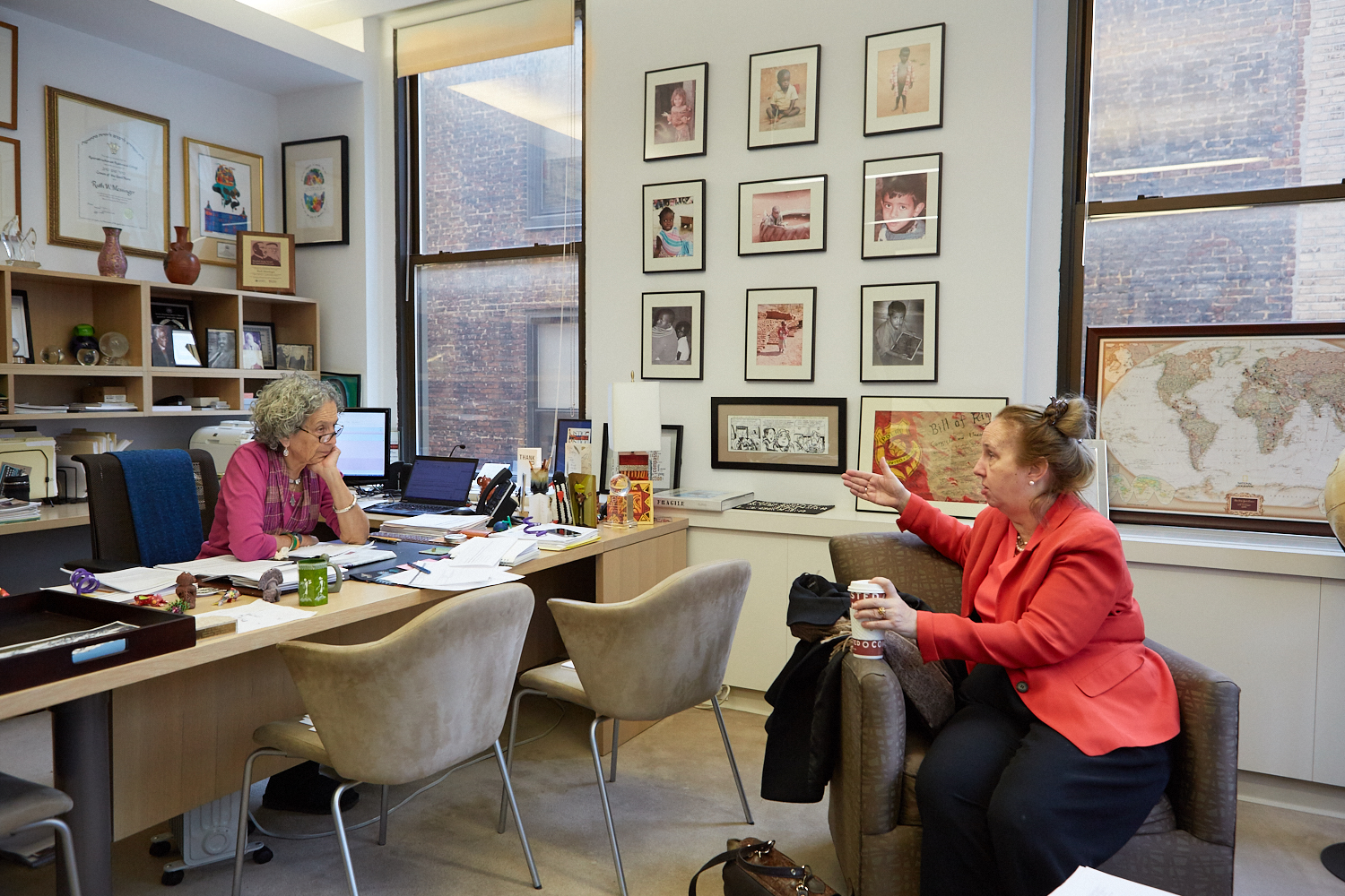 Gale Brewer with Ruth Messinger in Messinger's office at the American Jewish World Service in midtown Manhattan.