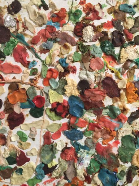 A detail of the bought in Dan Colen painting, Cocksuckers, Blews, Mews, Pews, & Stews, 2007.