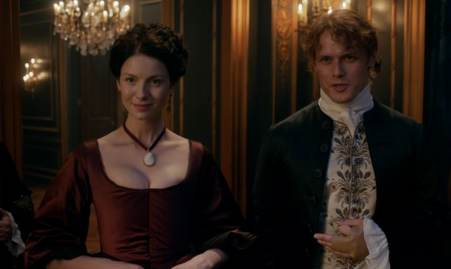 Caitriona Balfe as Claire Randall and Sam Heughan as Jamie Fraser.