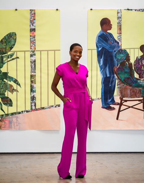 Njideka Akunyili Crosby in front of her work.