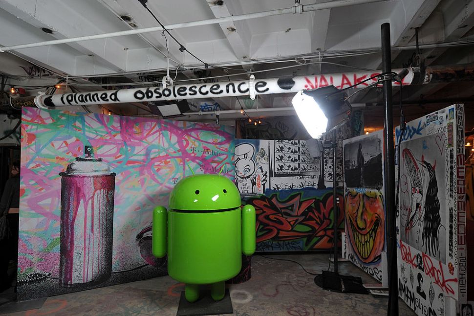 LOS ANGELES, CA - NOVEMBER 16: A view of the Google Music Android with artwork during the launch of Google Music hosted by T-Mobile at Mr. Brainwash Studio on November 16, 2011 in Los Angeles, California.