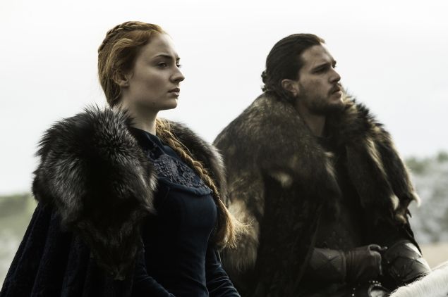 Sophie Turner as Sansa Stark and Kit Harington as Jon Snow. 