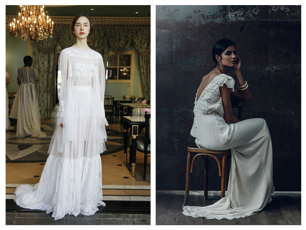 Left: Sheer romance in a long-sleeve lace top with ruffled cuffs and a maxi-length skirt with panels of muslin and vintage lace. Delphine Manivet top, $1,815 and skirt, $3,635. Right: In an homage to painter Marie-Denise Villers, an eyelet top with plunging back and cap sleeves descends to a silk crepe skirt for a picture of insouciant elegance from Laure de Sagazan.