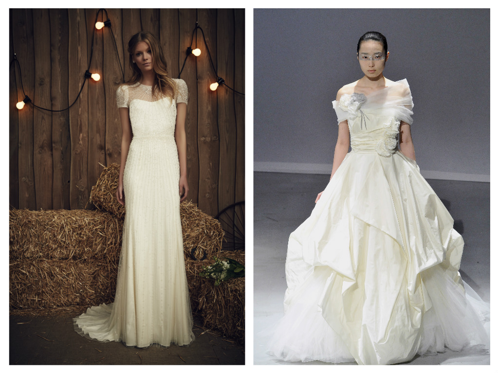 Left: Jenny Packham's mod nod to formal dressing, in ivory tulle with silver crystal embellishment, $5,680. Right: Head-turning period swagger from David Fielden. Strapless taffeta dress with floral detail and tulle shrug, $7030.