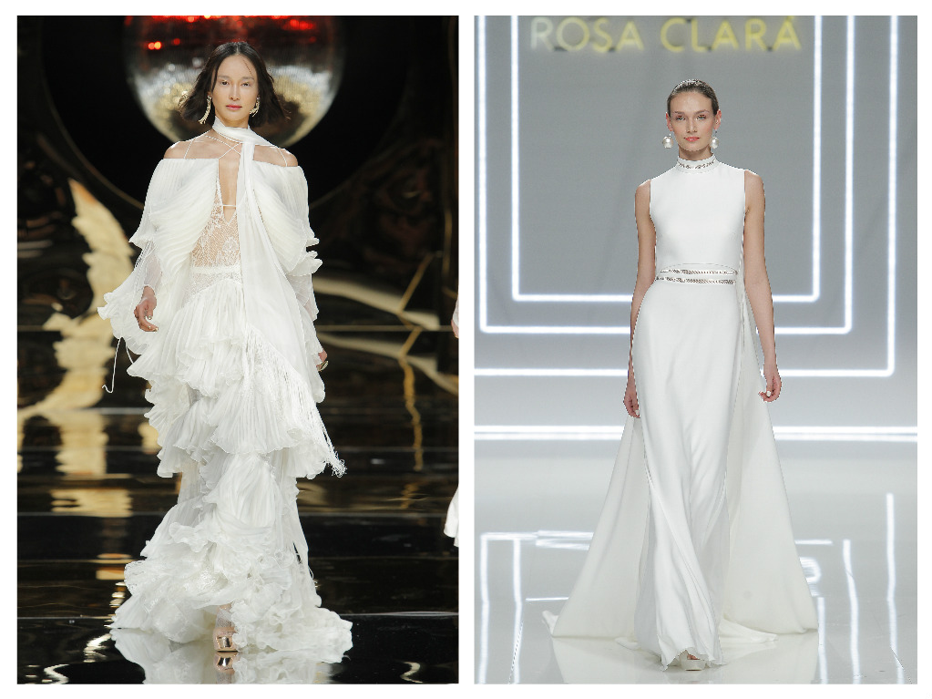 Left: From the sister designers at Yolan Cris, luxurious layers of silk chiffon, hand-pleated by Barcelona artisans, are paired with a delicate foundation of Chantilly lace, $5,299. Right: From Rosa Clara, modern minimalism gets a Spanish accent, thanks to a crisp silk crepe dress and attached cape with lace inlays, $4,115.