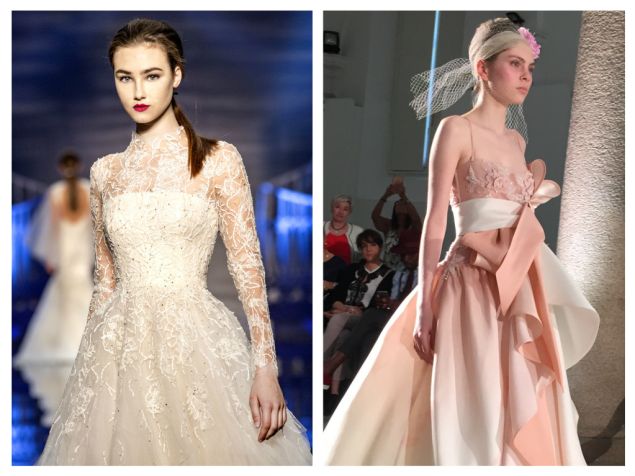 Left: Peter Langner’s timeless celebration of Italian tradition combines embroidered tulle with long sleeves and Chantilly lace, $12,370. Right: From Chiaradè, weightless silk gazar folds and a bodice embroidered with crystal and silk threads are the picture of romance, $8,625.