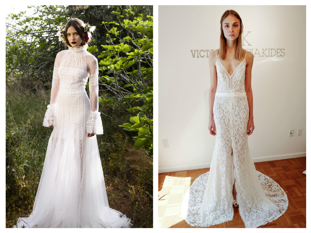 Top: Christos Costarellos combines delicate dotted Swiss and layers of guipure lace to create a sensual riff on a proper Victorian gown, $3,365. Right: From Victoria Kyriakides, a beach-worthy body-skimming trumpet dress is slit just beyond the knees, $5,350.