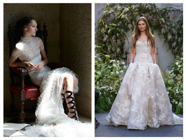 Left: Vera Wang uses an overlay of light French tulle accented with pearl, crystal, and floral embroidery to enhance her rose lace gown, $25,000. Right: From Monique Lhuillier, the strapless sweetheart corset in embroidered tulle and floral fil coupé is paired with a drop-waist, pleated A-line skirt, corset, $3,750, skirt, $7,970.