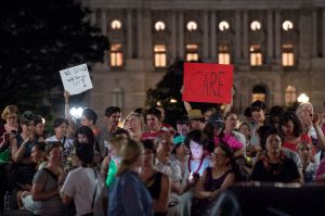 WASHINGTON, DC - JUNE 22: Supporters of House Democrats taking part in a sit-in on the House Chamber shout encouragement from outside the U.S. Capitol on June 22, 2016 in Washington, DC. Led by civil rights icon Rep. John Lewis (D-GA) Democrats, have maintained control of the House chamber since this morning demanding a vote on gun control legislation.