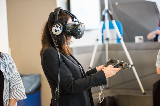 Trying out an HTC Vive virtual reality system at Games For Change 2016 in Manhattan.