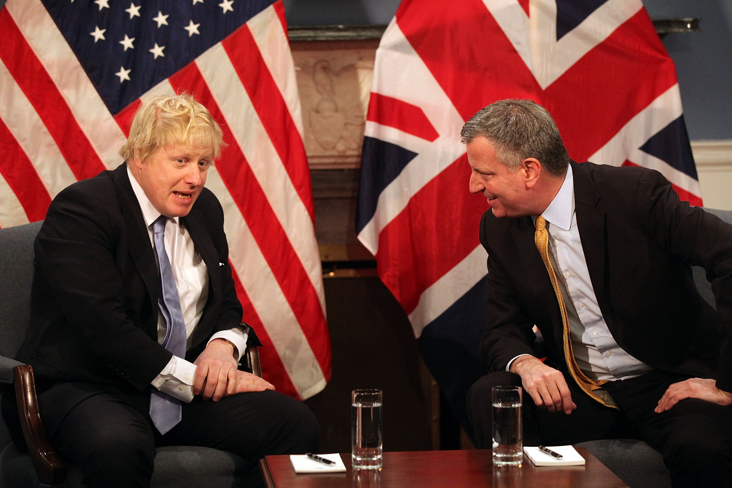 Boris Johnson, then the mayor of London, meets with New York City Mayor Bill de Blasio in 2015. Johnson was a high-profile supporter of Brexit.