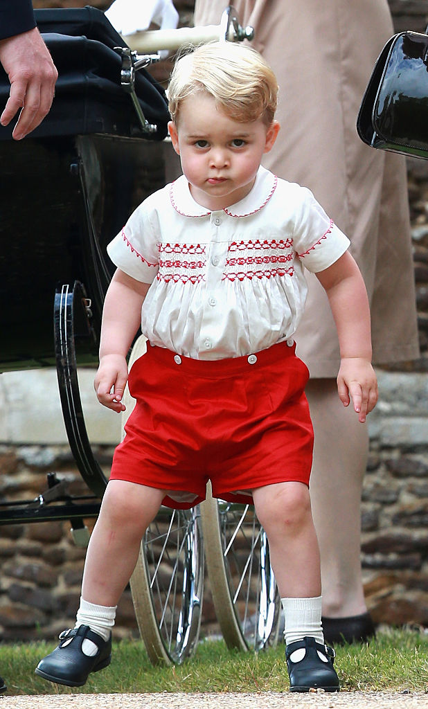 KING'S LYNN, ENGLAND - JULY 05: Prince George of Cambridge leaves the Church of St Mary Magdalene on the Sandringham Estate for the Christening of Princess Charlotte of Cambridge on July 5, 2015 in King's Lynn, England.