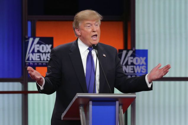 Republican presidential candidate Donald Trump participates in a debate sponsored by Fox News at the Fox Theatre on March 3, 2016 in Detroit, Michigan.