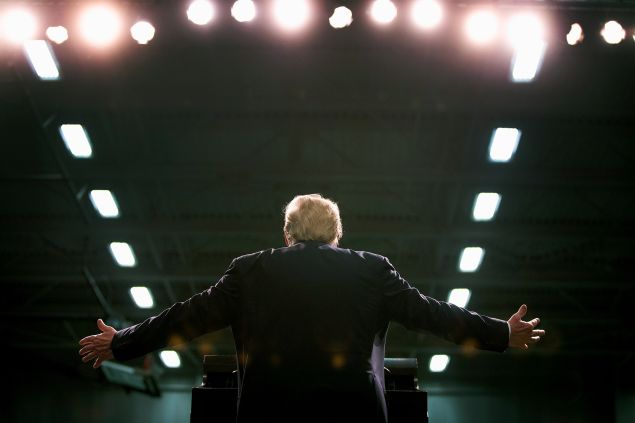 Republican presidential candidate Donald Trump speaks to guests during a rally at Macomb Community College on March 4, 2016 in Warren, Michigan. 