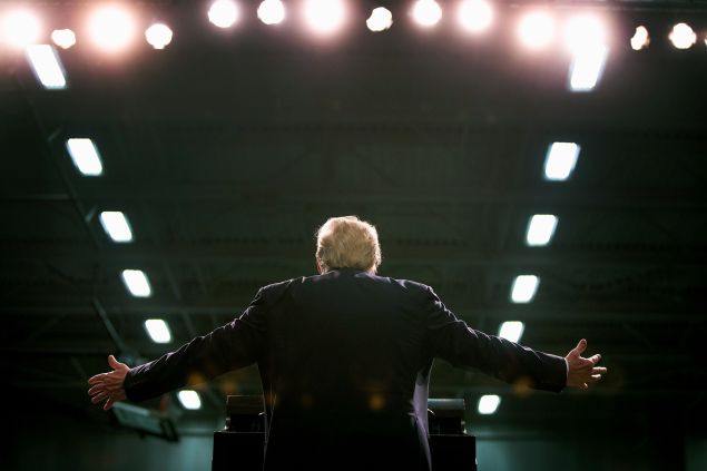 Republican presidential candidate Donald Trump speaks to guests during a rally at Macomb Community College on March 4, 2016 in Warren, Michigan.