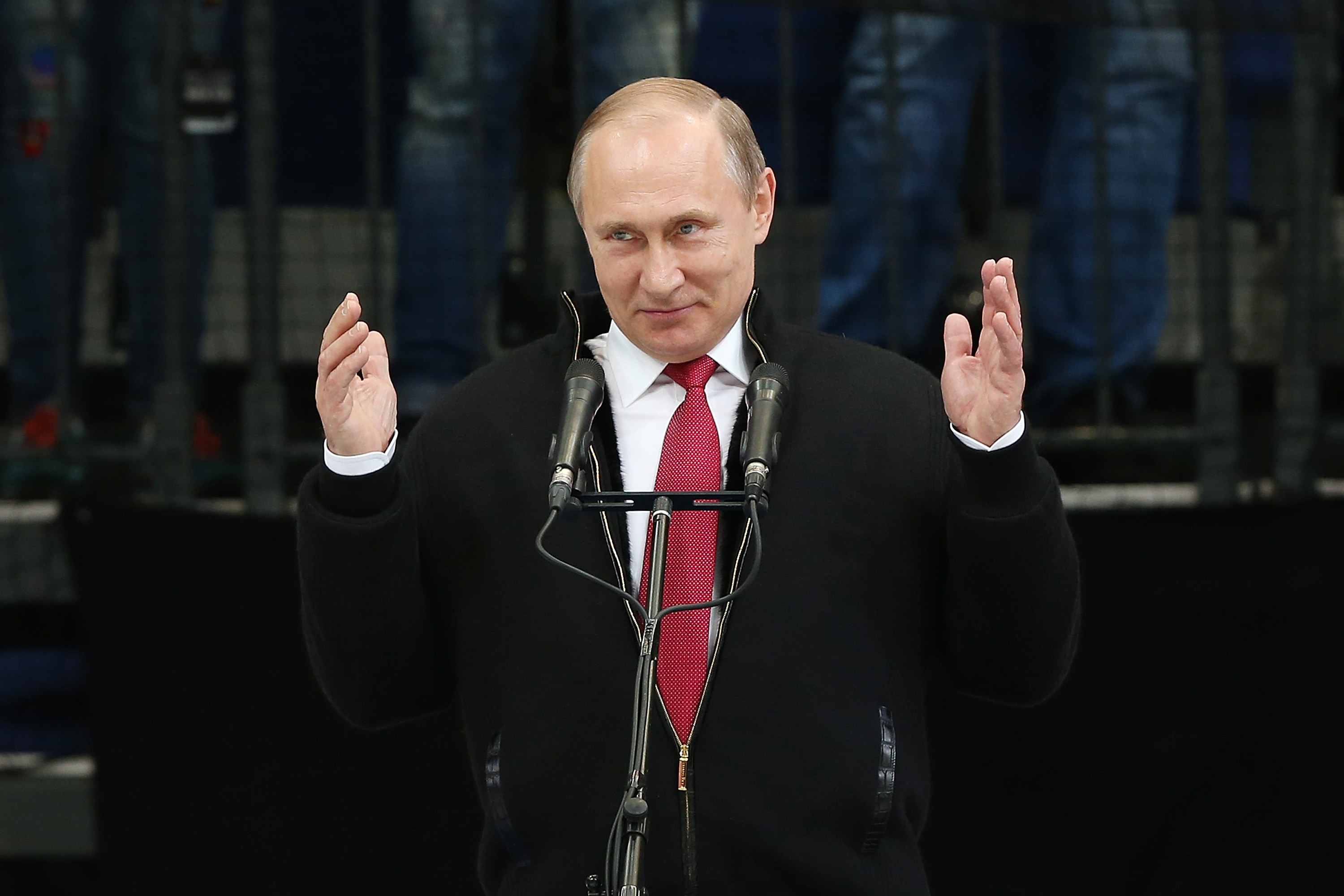 Russian President Vladimir Putin speaks during the award ceremony of the 2016 IIHF World Championship gold medal game at the Ice Palace on May 22, 2016 in Moscow, Russia. Canada defeated Finland 2-0.
