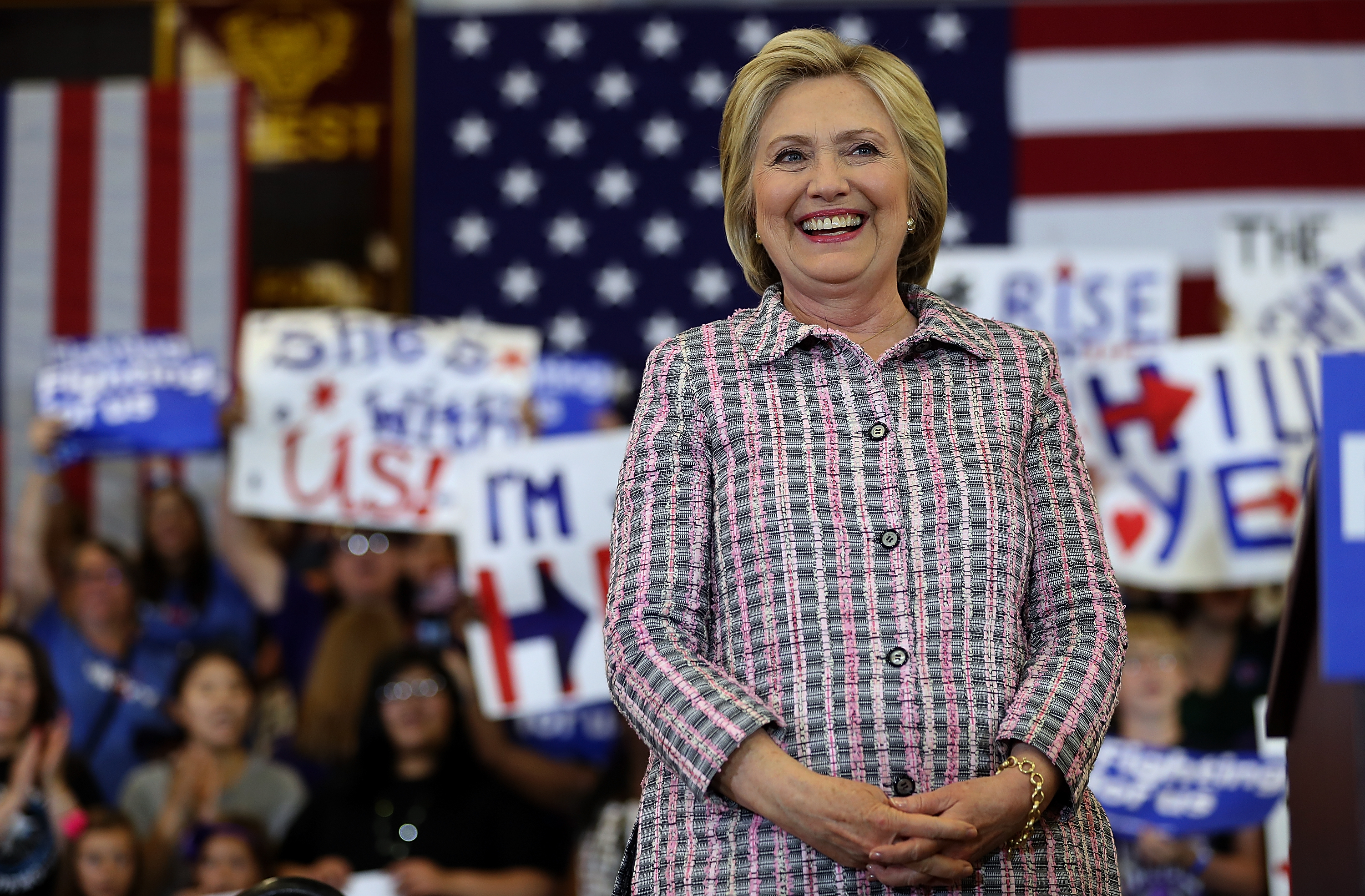 Democratic presidential candidate former Secretary of State Hillary Clinton looks on during a campaign rally at Sacramento City College on June 5, 2016 in Sacramento, California. The California primary is June 7.