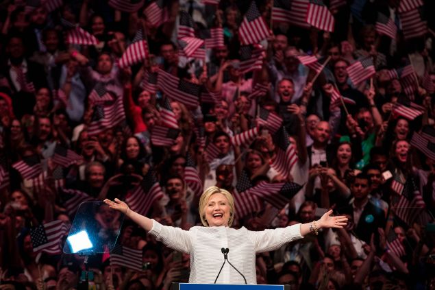 Hillary Clinton arrives onstage during a primary night rally at the Duggal Greenhouse in the Brooklyn Navy Yard, June 7, 2016 in the Brooklyn borough of New York City.