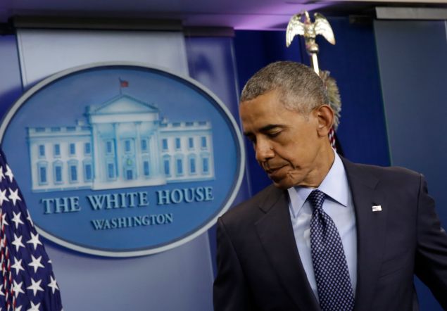 US President Barack Obama turns to leave after making a statement on the mass shooting at an Orlando, Florida nightclub in the White House Briefing Room in Washington, DC on June 12, 2016.